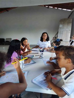 Children are learning to read in the impoverished Sertao region of Brazil.